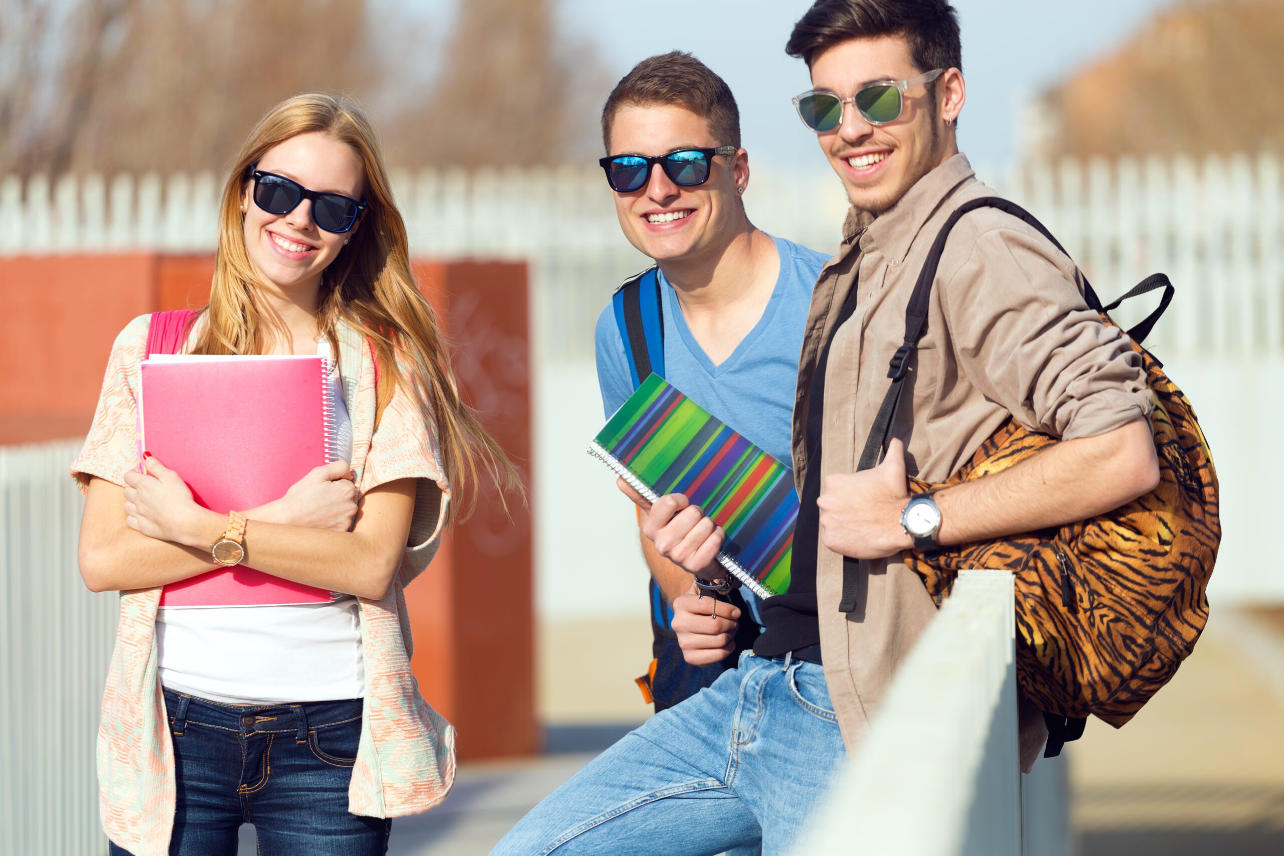 Portrait of a group of friends talking in the street after class.