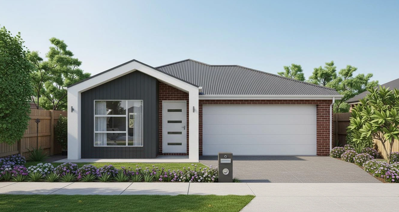 Front view of a contemporary single-story home facade with dark gray cladding, red brick accents, and a double garage.