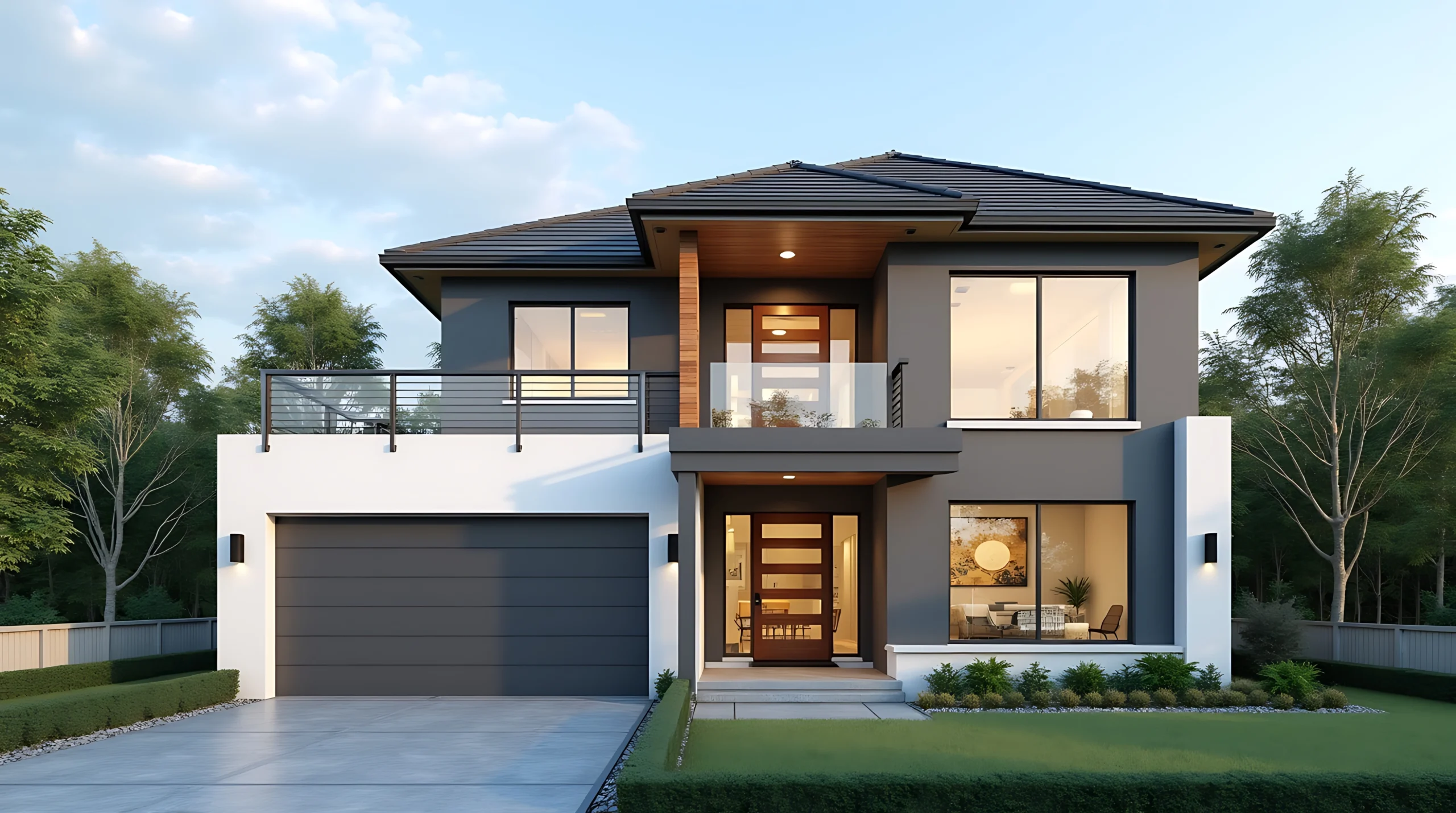 Contemporary two-story house facade with dark gray render, balcony, wood accents, and integrated double garage.